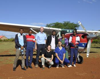 From left: Basil Ombay, John Danieli, MAF Pilot Peter Griffin, Jacob Peter, Rehema Matfari, Kyrillos, Tumaini and Janneke Kampherbeek at the Haydom Airstrip in Tanzania