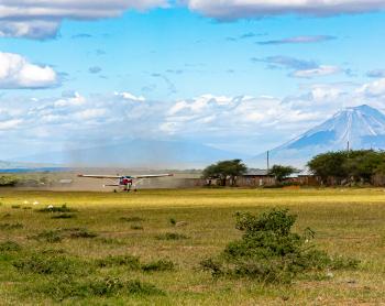 Aircraft landing on airstrip in Tanzania